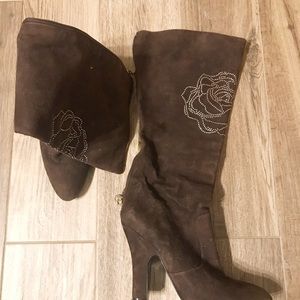 BETSEY JOHNSON brown suede rhinestone tall boots
